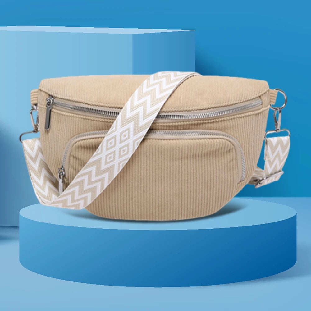 Corduroy Chest Bag Fashion Fanny Pack Wide Guitar Strap Casual Waist Bag Multi-pockets Hobo Sling Bag Outdoor Travel Bag Khaki