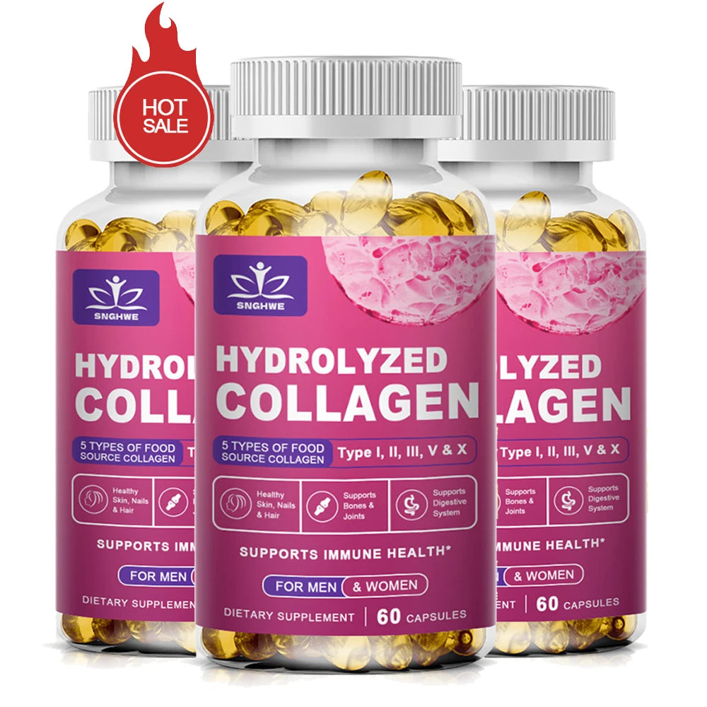 Powerful Hydrolyzed Collagen Capsules with Hyaluronic Acid Antioxidant Skin Hair Nails Health With Vitamins&Minerals 60 count-3 bottle