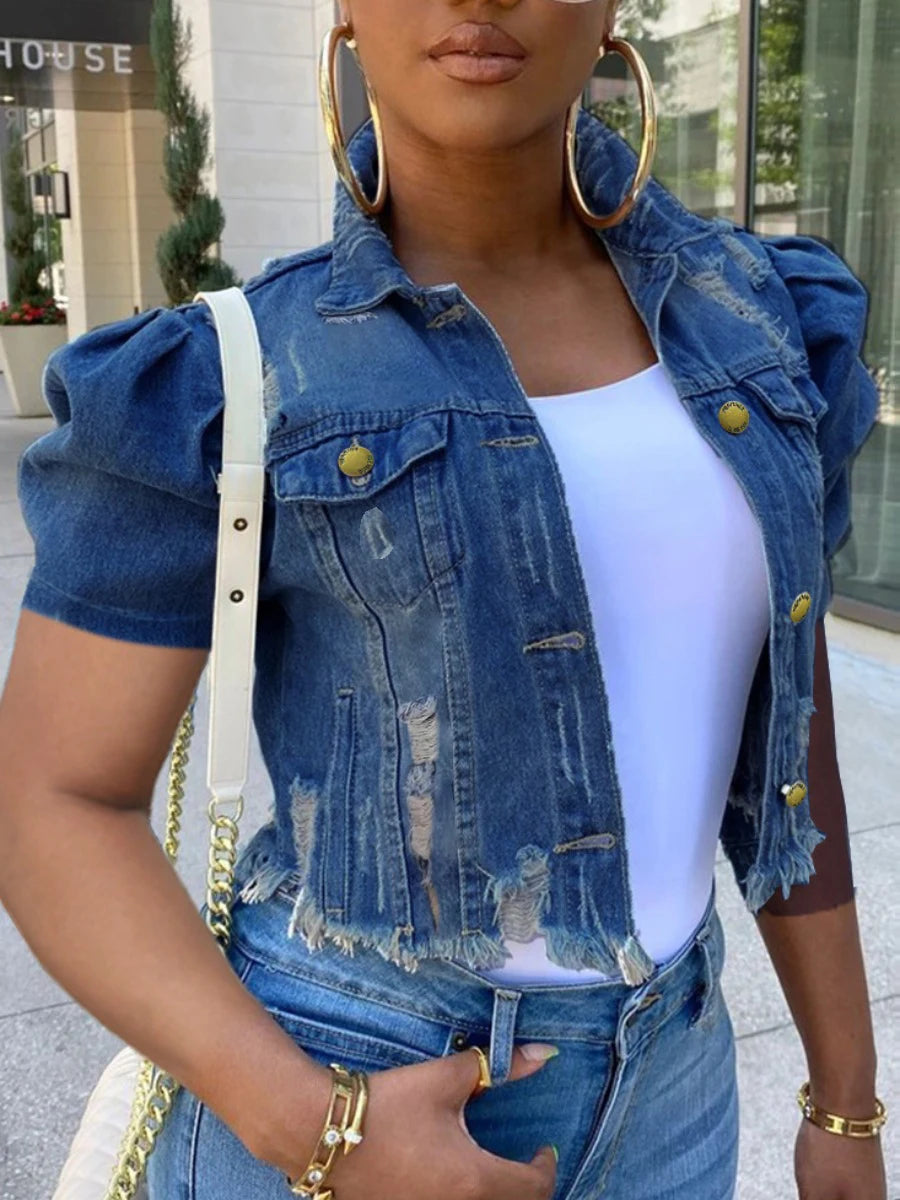 LW Spring Summer Plus Size Puff Sleeve Ripped Denim Jacket Street Plain Short Sleeve Button Turndown Collar Coat for Women