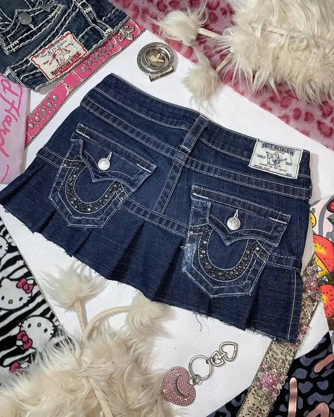Streetwear Black Skirts Retro Goth Y2k Skirt Embroidered Pocket Patchwork with High Waist and Hip Bag Harajuku Denim Mini Skirt