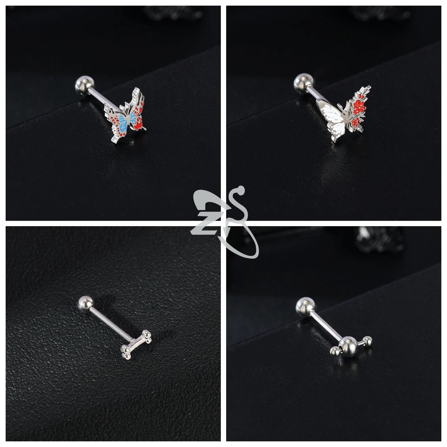 ZS 1 Piece 14G Stainless Steel Tongue Piercing Ring Colorful Butterfly Bone Tongues Stud Punk Skull Snake Body Piercings Jewelry