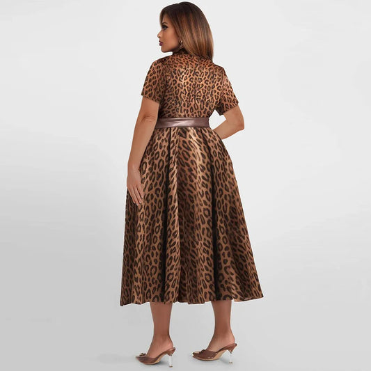 Women's Plus Size Leopard Printed Dress Large Lapels Short Sleeves Loose Elegant Belt Dresses 2025 Summer Female Casual Vestidos