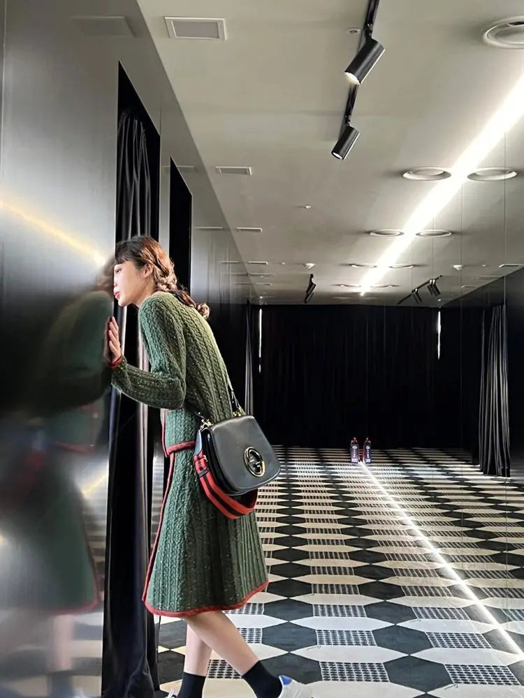 Autumn Winter Womens Two Peice Sets Vintage Knitted Cardigan Full Elastic Waist Knee-Length Skirt 2 Piece Set Luxury