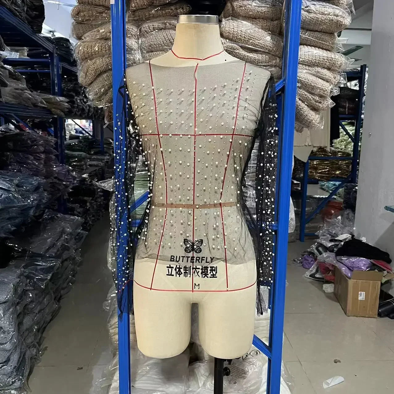 Spring and Summer New Hot Diamond Pearl Top Elastic Crew Neck Mesh Thin Heavy Industry Transparent Women Clothes Black White Beads