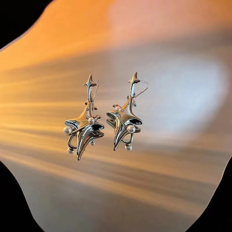 Korean Star Drop Earrings Hot Girl Fashion Planet Imitation Pearl Crystal Stars Unusual Earring for Women Punk Y2K Jewelry Party