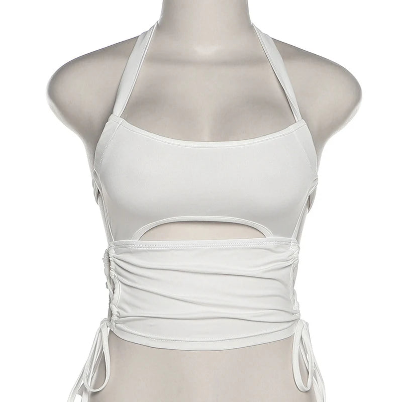 Y2K Sexy Backless Summer Crop Top Women Hollow Out White Sleeveless Bandage Halter Tank Tops Streetwear Cami 90s