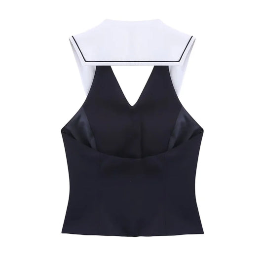 Women's Tops New Summer 2025 Sailor Suit Style Sleeveless Top Sexy Open Back Design Fashionable and Versatile Lively Personality