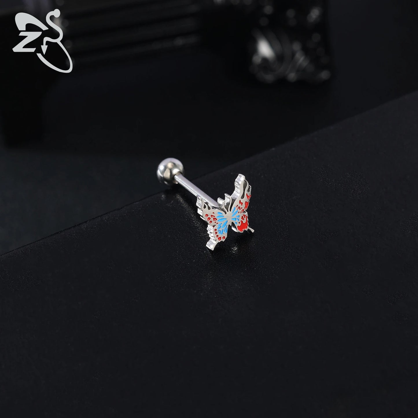 ZS 1 Piece 14G Stainless Steel Tongue Piercing Ring Colorful Butterfly Bone Tongues Stud Punk Skull Snake Body Piercings Jewelry