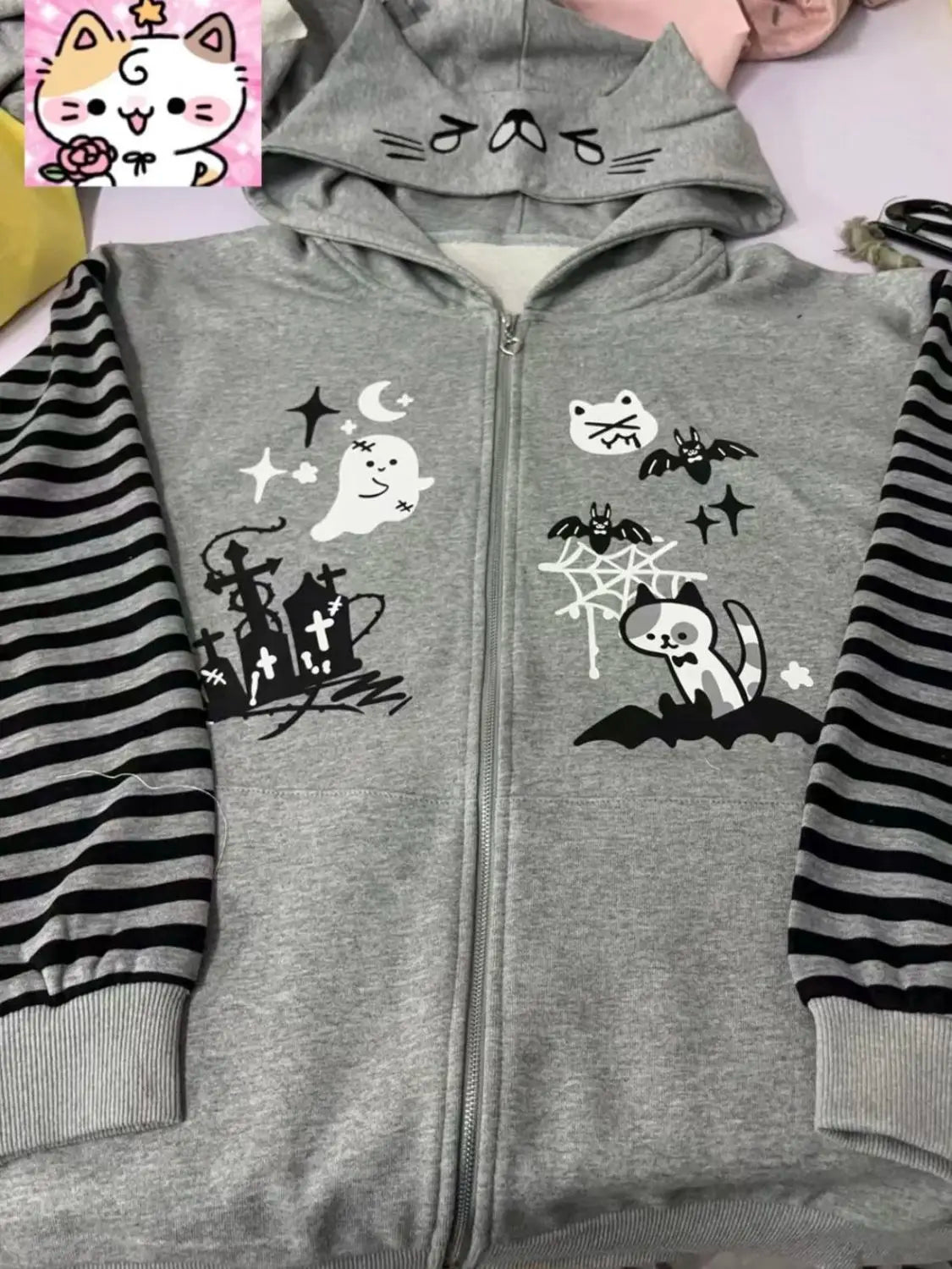 Cat Ear Hooded Sweatshirts Jackets Women Clothing Y2k Tops Patchwork Striped Anime Hoodie Ropa Mujer Casual Fashion Hoodies Coat