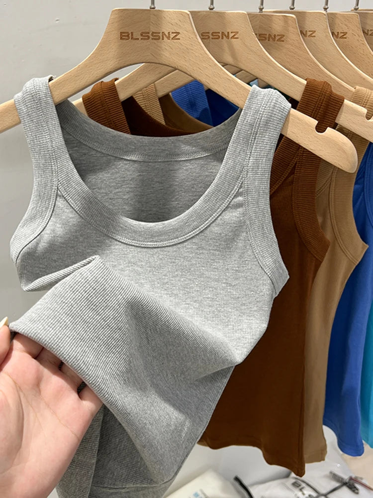 zjaiss Women Solid Round Neck Ribbed Tank Top Camisole Women 2025 Summer Basic Elastic Tank Top O Neck Solid Tank Top Light Grey