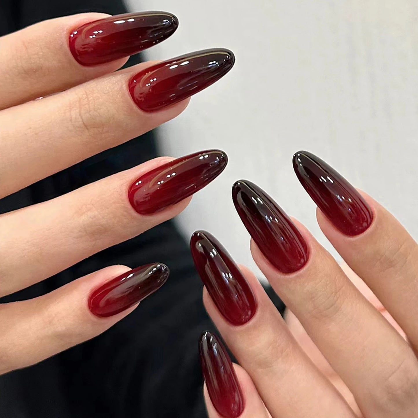 Red Black Gradient Press on Nails Medium Length Coffin Fake Nails with Sticky Tabs Ballerina False Nails Tips for Women 24Pcs Y-3