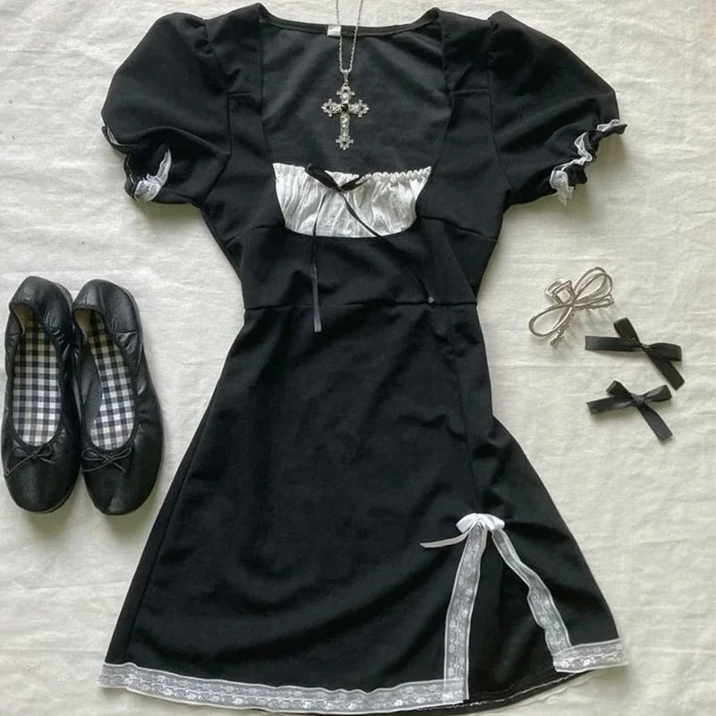 Y2K High Street Vintage Fit Dress Woman Clothing Short Sleeve Chic Casual Fashion Outfits Aesthetic Summer Sweet Dresses 2000s A3