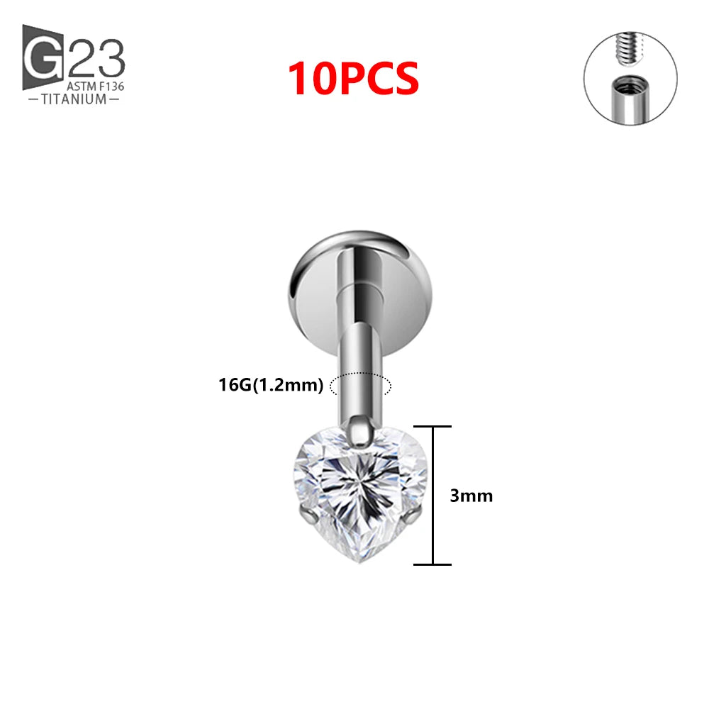 1/10PCS ASTM F136 Titanium 16G Heart CZ Threaded Labret 3mm/4mm CZ Cartilage Tragus Helix Nose Stud Piercing Jewelry 10Pc Tit 3mm CZ