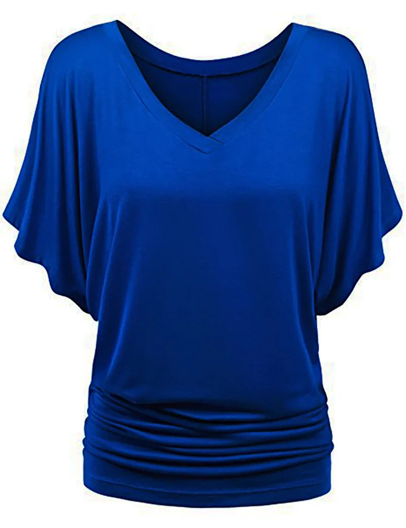 Women V Neck Short Sleeve Pleated Loose T-shirts Summer Lady Batwing Sleeve Oversized S-5XL Tee Shirt Tops OUYMFZ-A1375 Blue