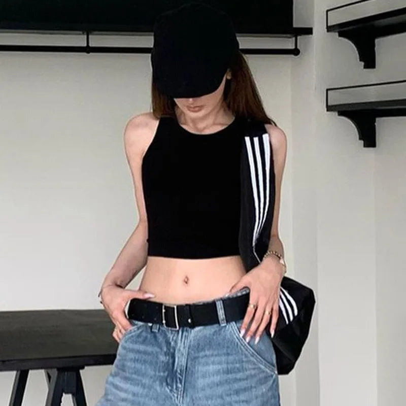 Y2K Women's Tops Backless Crop Top Sleeveless Sexy Cute Black Vest Tank Top Summer Cropped Vest Female 2000S Clothing