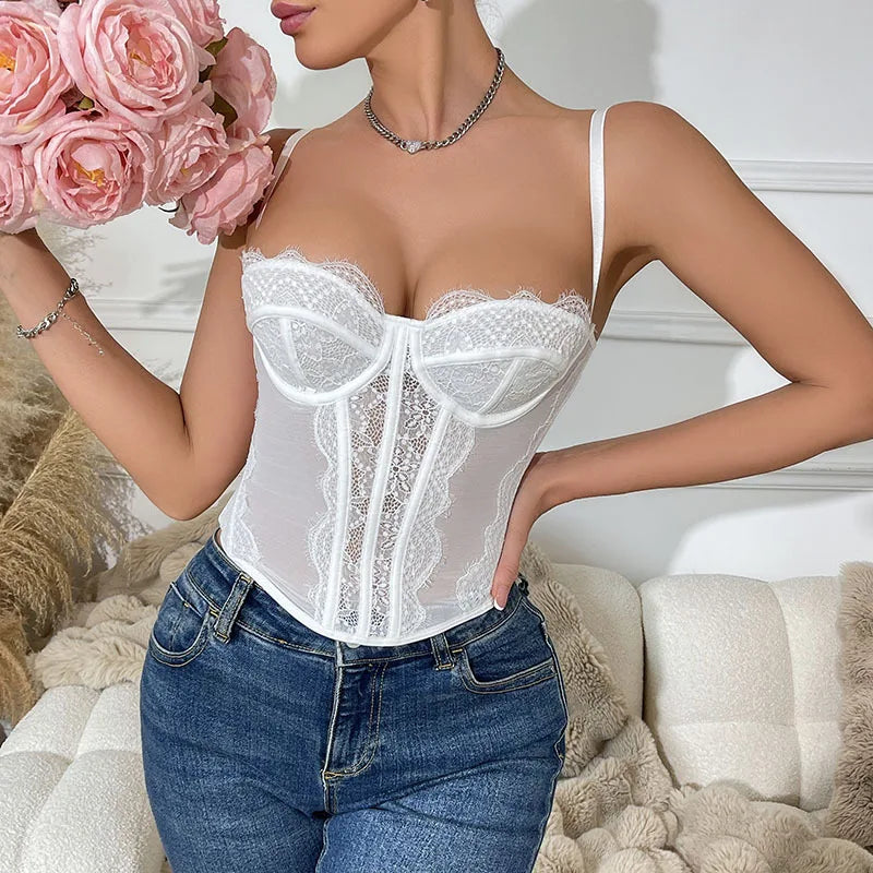 Women Lace Bustier Top Sexy Sheer Mesh See Through Spaghetti Strap Slim Camisole Y2K Going Out Night Club Party Corset Top white