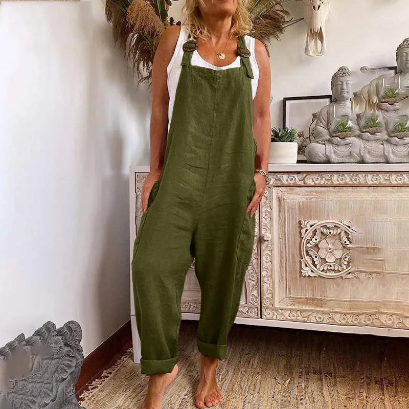 Women Cotton Linen Pocket Jumpsuits Summer Female Sleeveless Wide Leg Loose Overalls JYFS-3255 Green