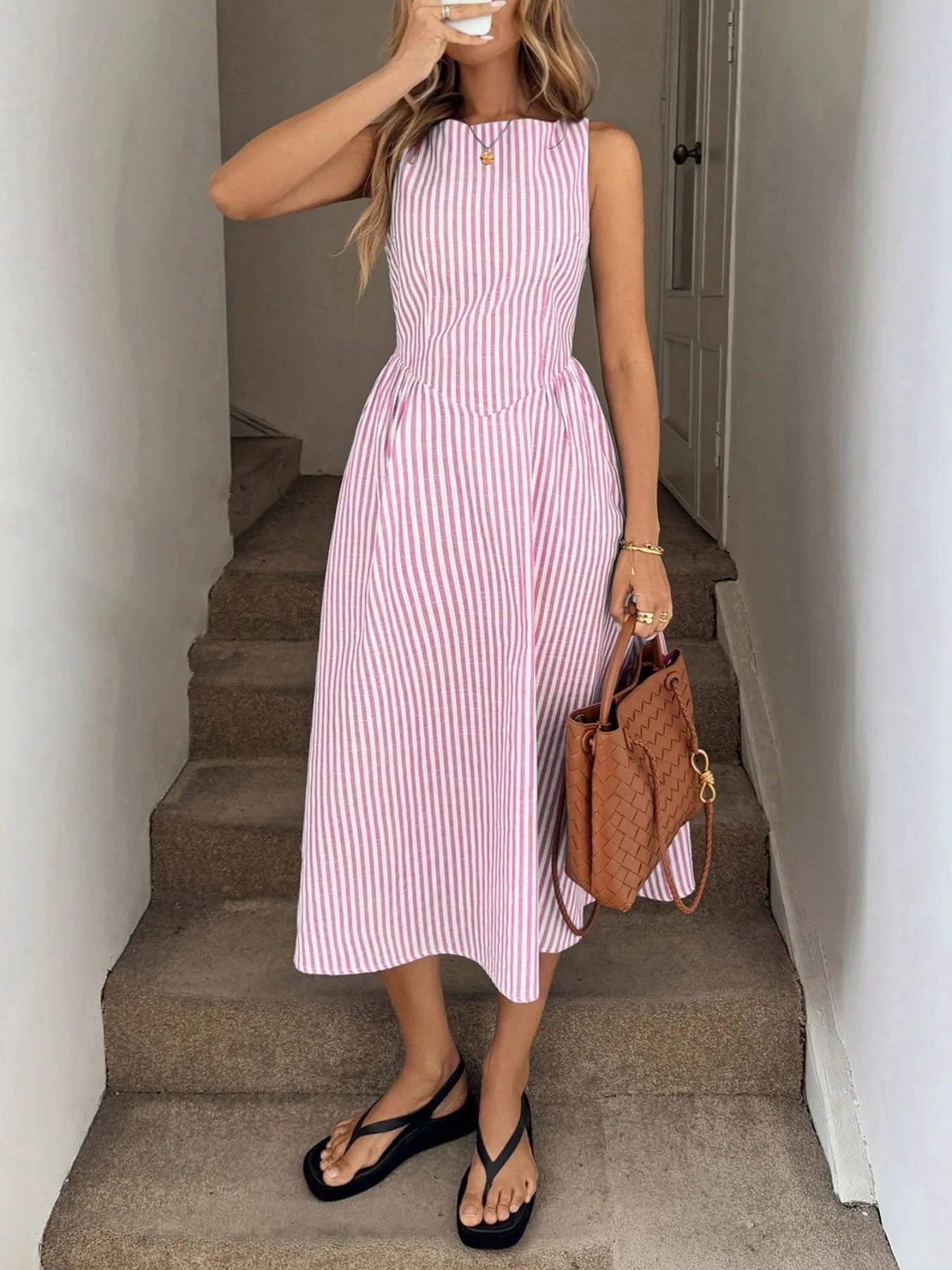 Summer fashion new high-end casual vertical stripe sleeveless dress Pink