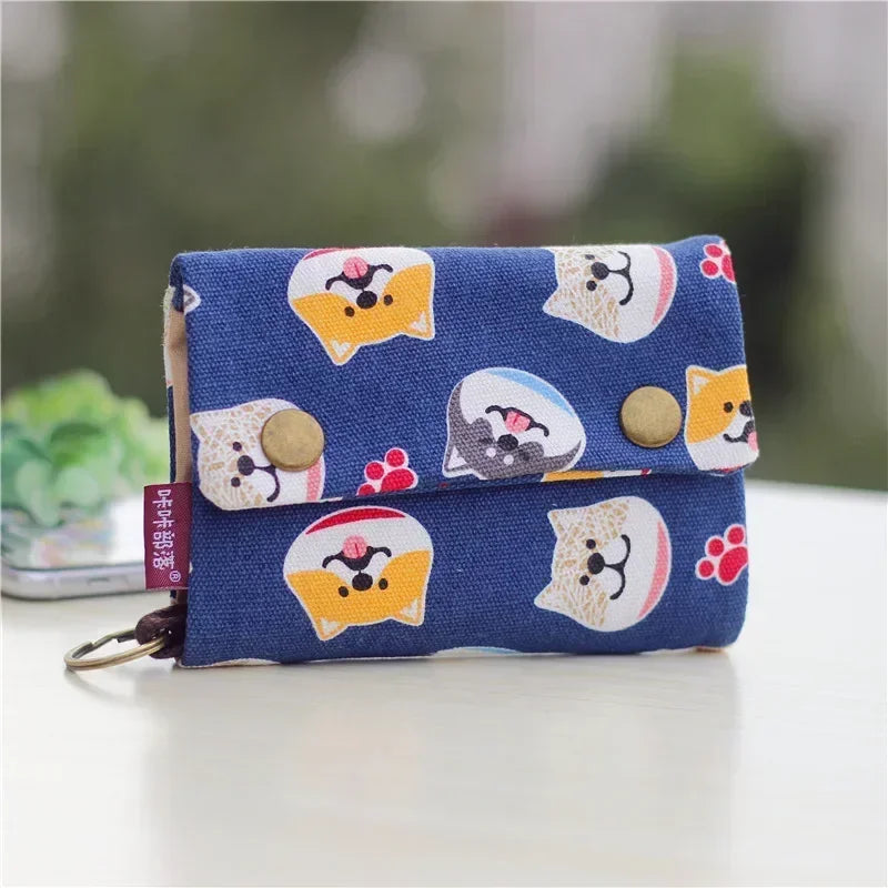 1pcs New Canvas Cartoon Totoro Cat Printed Flower Dog Women Short Wallet Cute Mini Money Key Bag Coin Pocket Purse for Children dog B