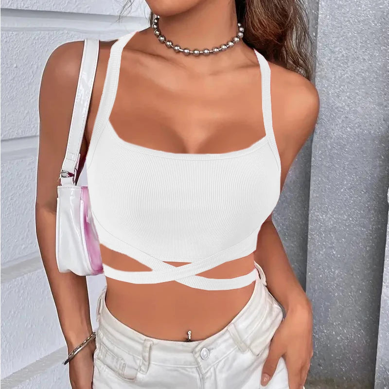 Y2k Women Summer Tank Tops Sexy Solid Color Backless Cross Bandage Crop Tops High Street Wear 2024 Fashion Wine Red Camis Corset