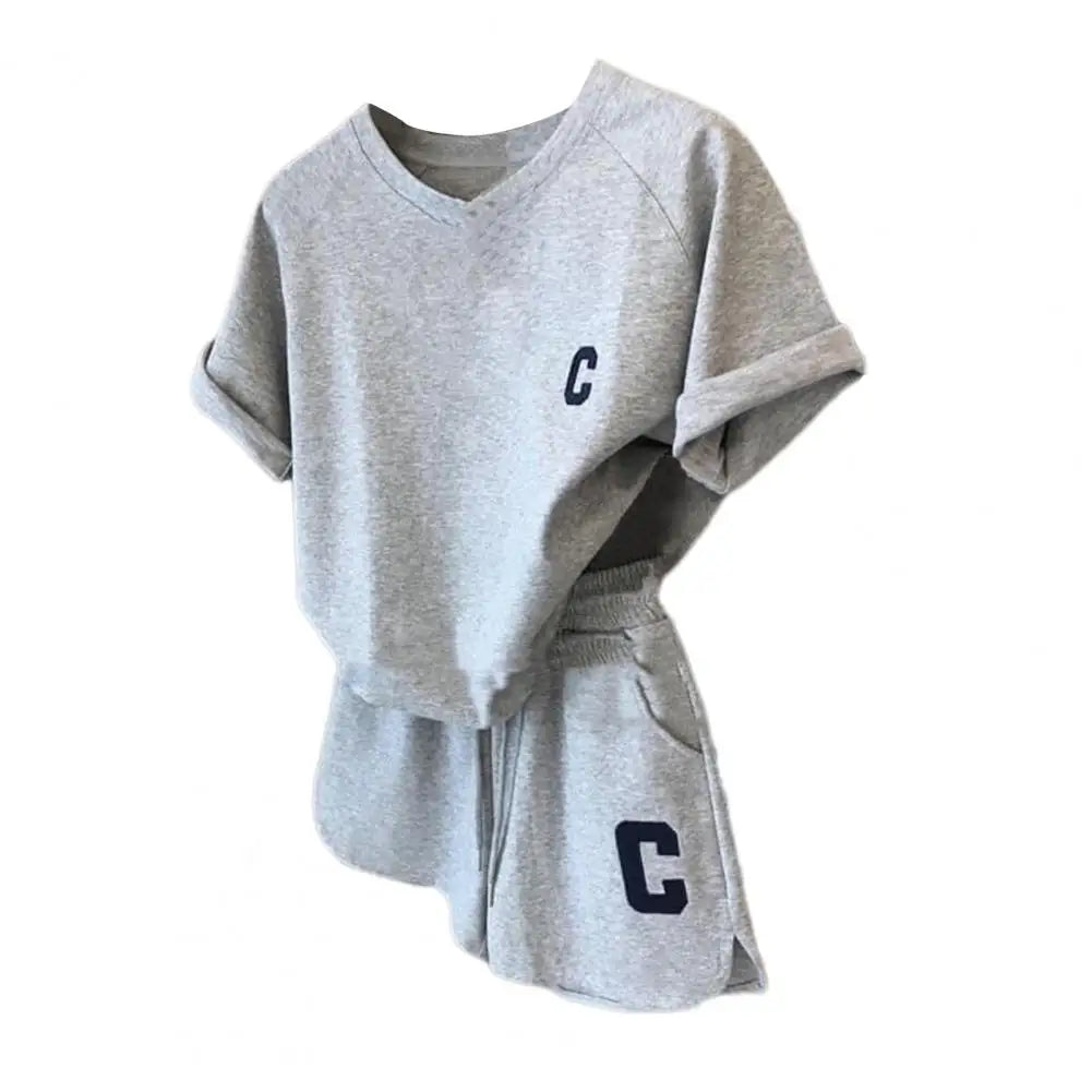 Women Tracksuit C Letter Print Short Sleeve T-shirt Drawstring Shorts Sport Suit Lady Exercise T-shirt Shorts Two-piece Suit Grey