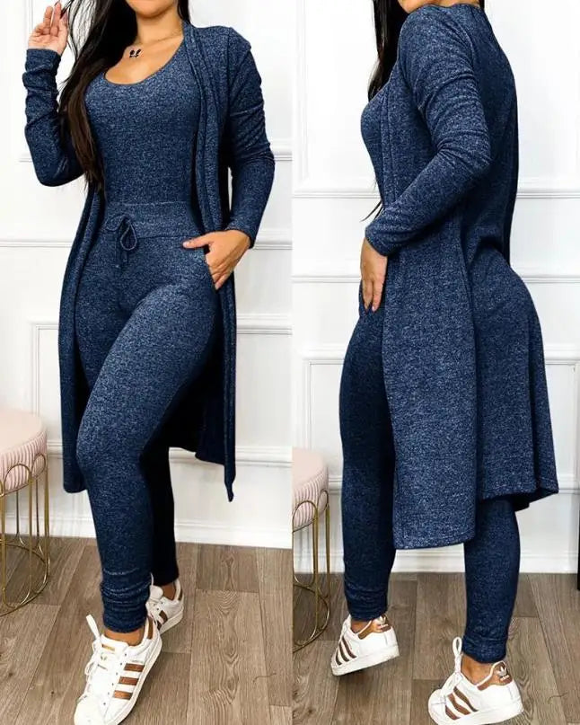 Two Piece Set Women Outfit 2023 Spring Fashion Drawstring Pocket Design U-Neck Sleeveless Skinny Jumpsuit & Long Sleeve Coat Set B