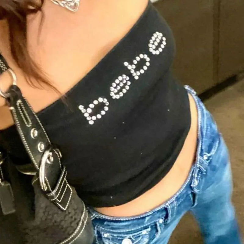 Y2k Rhinestones Bebe Letter Print T-shirt Women Baby Tee Vintage Summer Punk Casual Crop Top Goth Sexy Sleeveless Tube Tops Emo 781-black