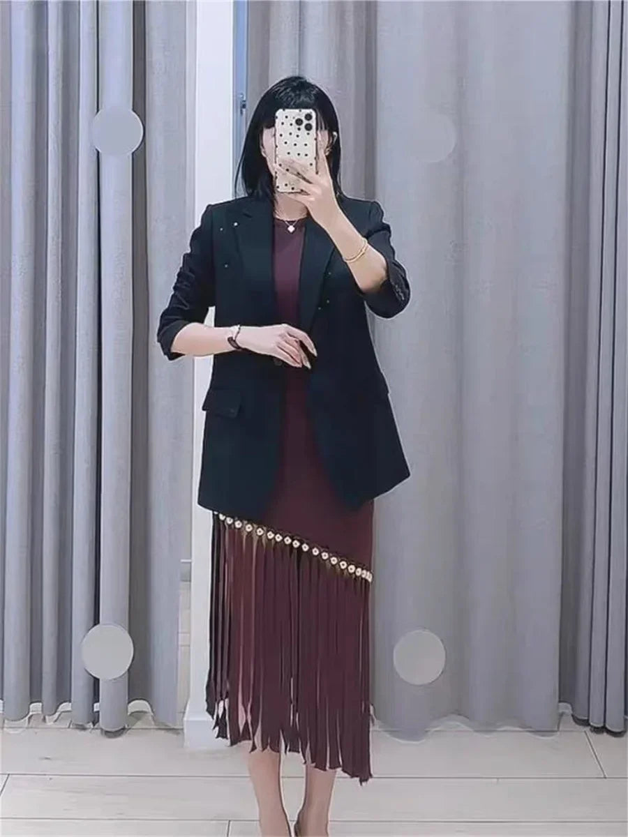 Women Diagonal Tassels Sleeveless Knit Dress Rhinestone Decoration 2025 Spring Summer Lady Retro Slim Knit Midi Robe Badiee Stylez