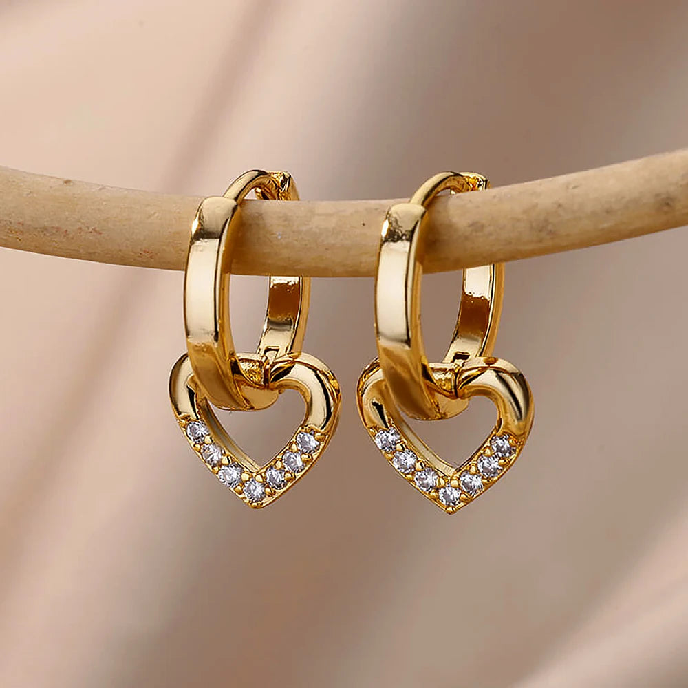 Hollow Heart Earrings for Women Stainless Steel Dangle Drop Earrings 2024 Trend Cubic Zirconia Wedding Couple Ear Jewelry aretes