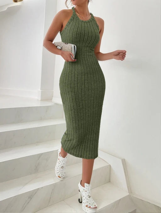 Solid Halter Neck Bodycon Midi Dress High-end temperament vest halter dress women's summer new high-waist slim temperament slim army green