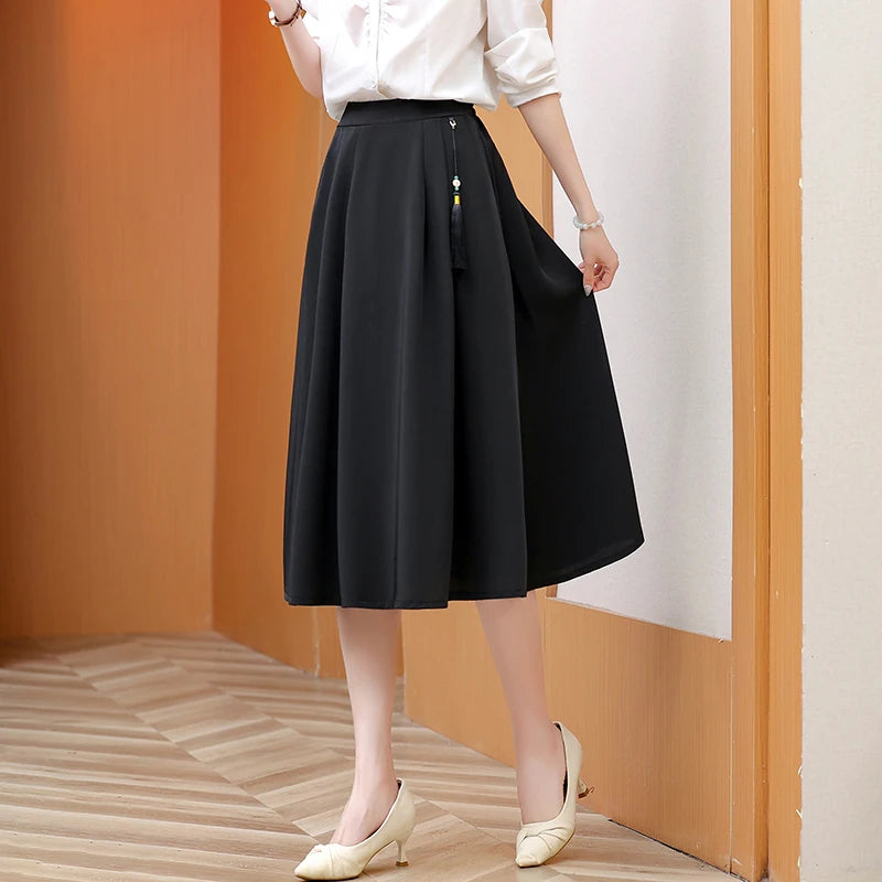 2024 New Solid Color Fringe Skirt Summer Classic Clothing Women's Loose Plus Size Skirt New Street Elegance Calf Belly Skirt