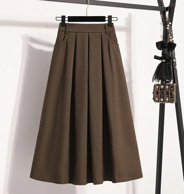 2025 Solid Color Versatile Medium Length Skirt Pleated Plus Size A-Line Maxi Gown Cover Hip Spring Summer New Half-length Skirt