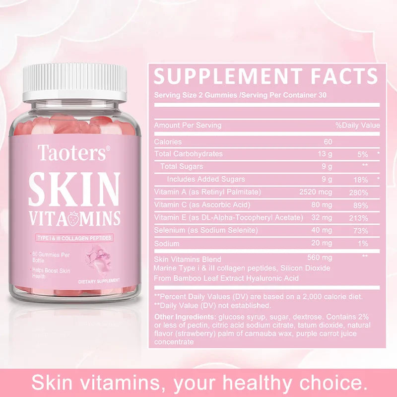 Skin Vitamin Gummies - Type I & III Collagen Peptides Vitamin A, C, E - Supports Skin Health,Anti Aging & Antioxidant