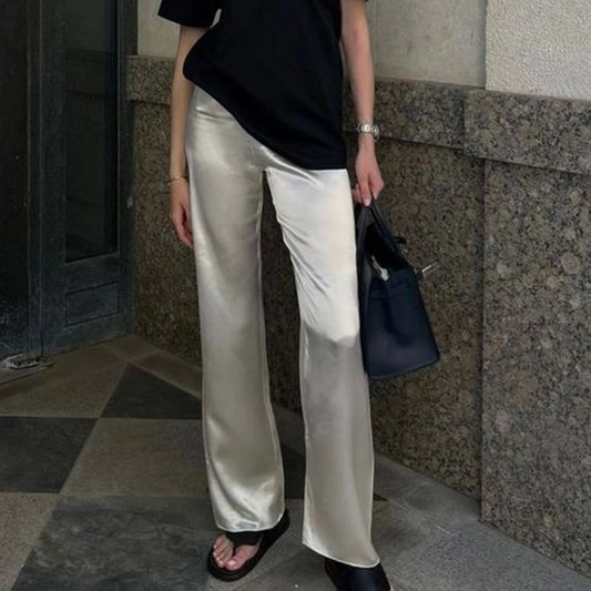 Solid Color Satin Wide Leg Dress Pants Women's Stylish Elastic Waist Loose Fit Long Trousers Streetwear Badiee Stylez