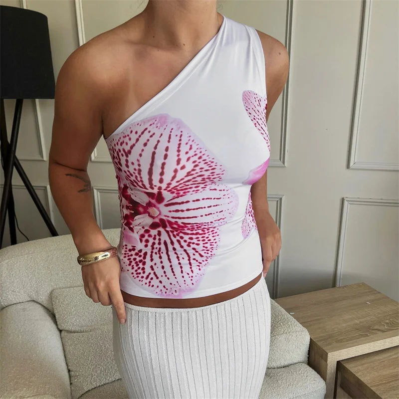 Xingqing One Shoulder Tank Top for Women Floral Print Sleeveless Backless Vest Cropped T Shirt y2k Aesthetic Clothing Streetwear