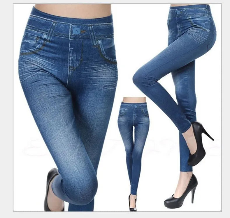 1pcs Women's Denim Print Leggings Females Fashion Slim Leggings Faux Jeans Leggings Lady Stretch Printed Tights Black Blue Pants Blue