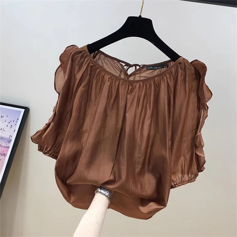 ZANZEA Women Cold Shoulder Blouses Fashion Ruffled Half Sleeve Tops 2024 Back Straps Pleated Tunics Summer Casual Loose Shirts Brown