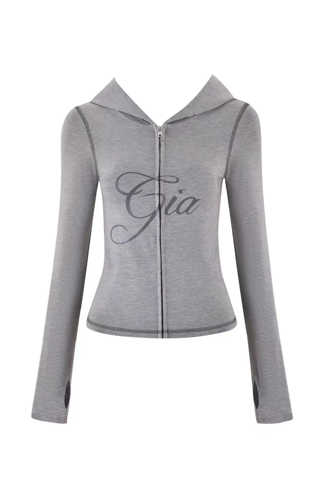 slim fit shoulder floral print bright line design slim fit hooded zipper short jacket pants for women grey top
