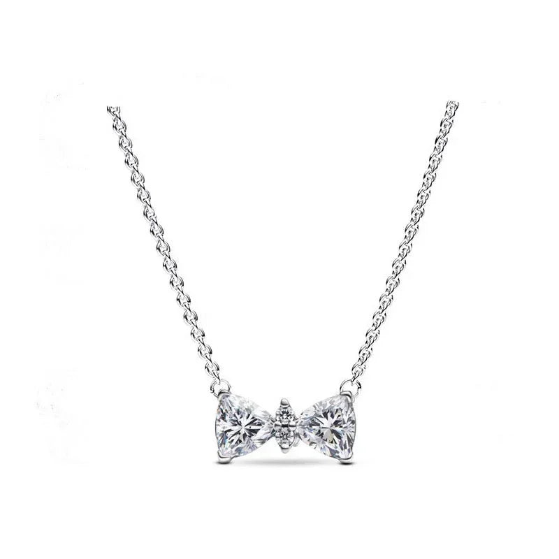 Fine Jewelry Pink Shining Bow Set Ring Earrings Bracelet Necklace Zircon Original 925 Sterling Silver DIY Women DIY Birthdy Gift AMC013025