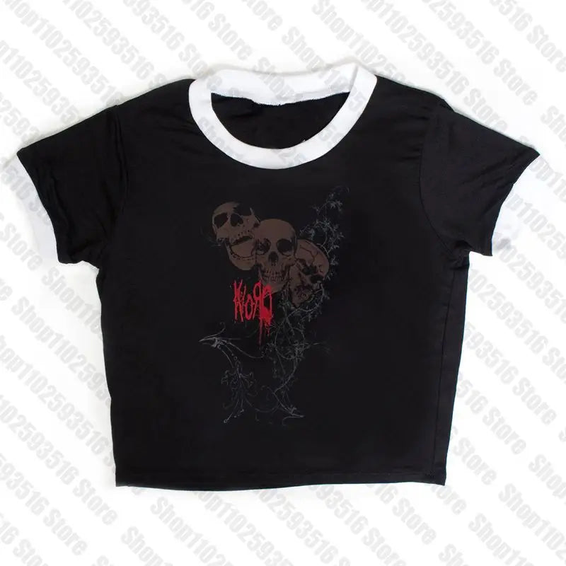 Aesthetic 2023 Goth Crop Top y2k Women Harajuku O Neck Short Sleeve Sweat Shirt Graphic Pattern Fairy Grunge Clothing crop tops Black7