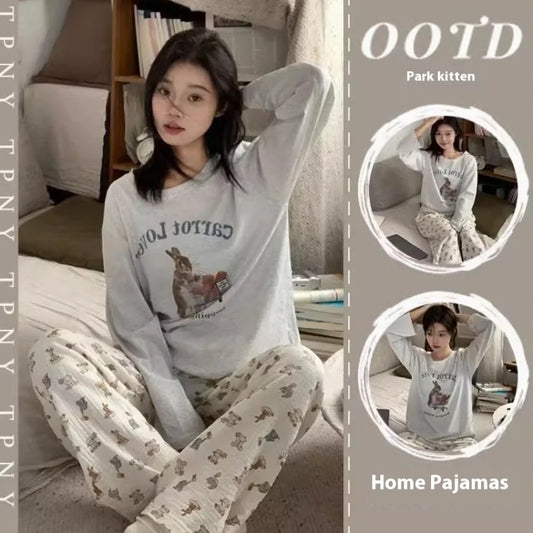 Spring and Autumn New Ladies Ins Style Pajamas Homewear Set Cartoon Girl Long-Sleeved Long Pants Korean Pajamas Homewear Set
