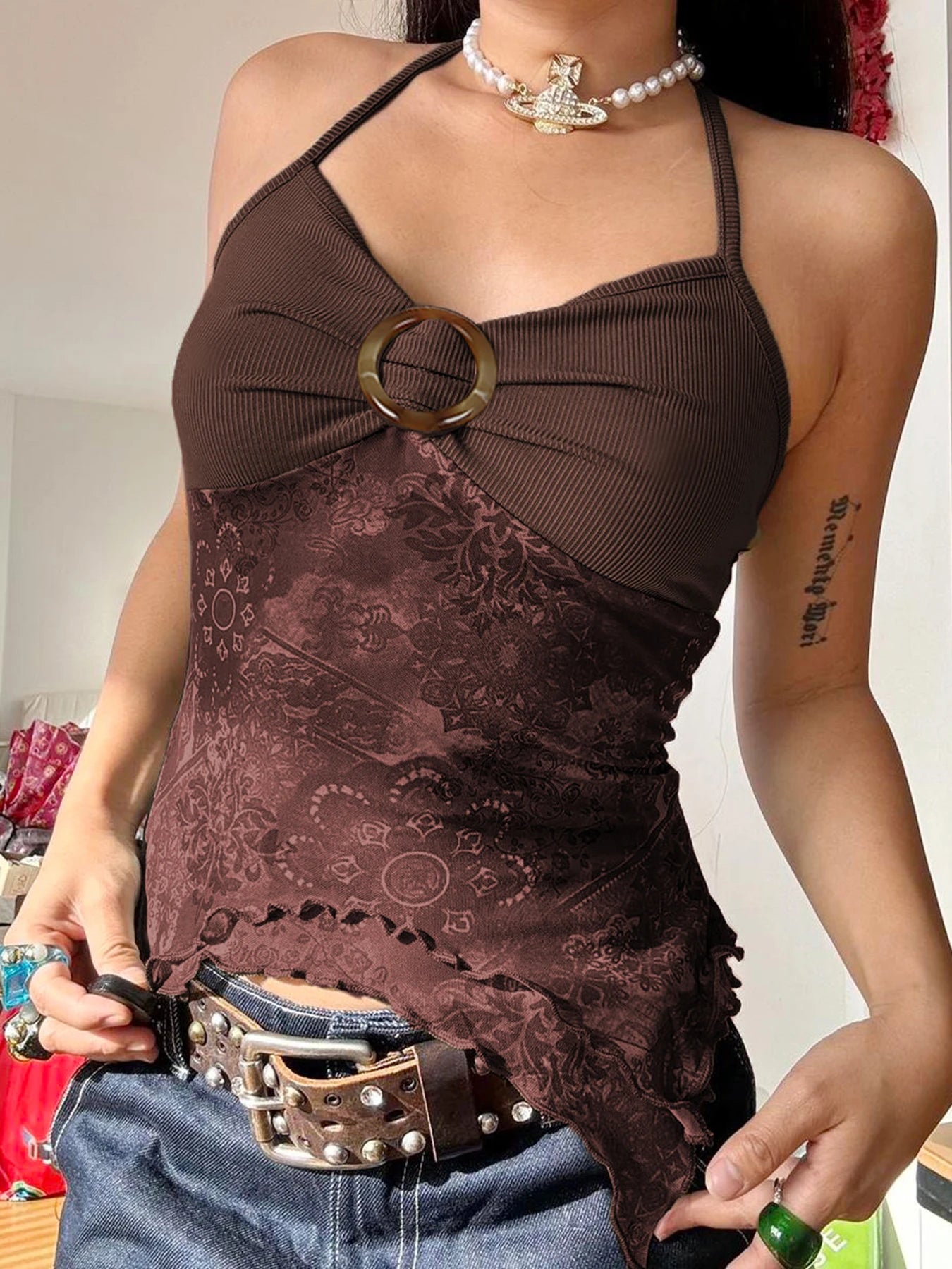 Rockmore Boho Vintage Print Mesh Patchwork Crop Top Women V Neck Camis Y2K Streetwear Female Coquette Aesthetic Clothes 2024 Brown