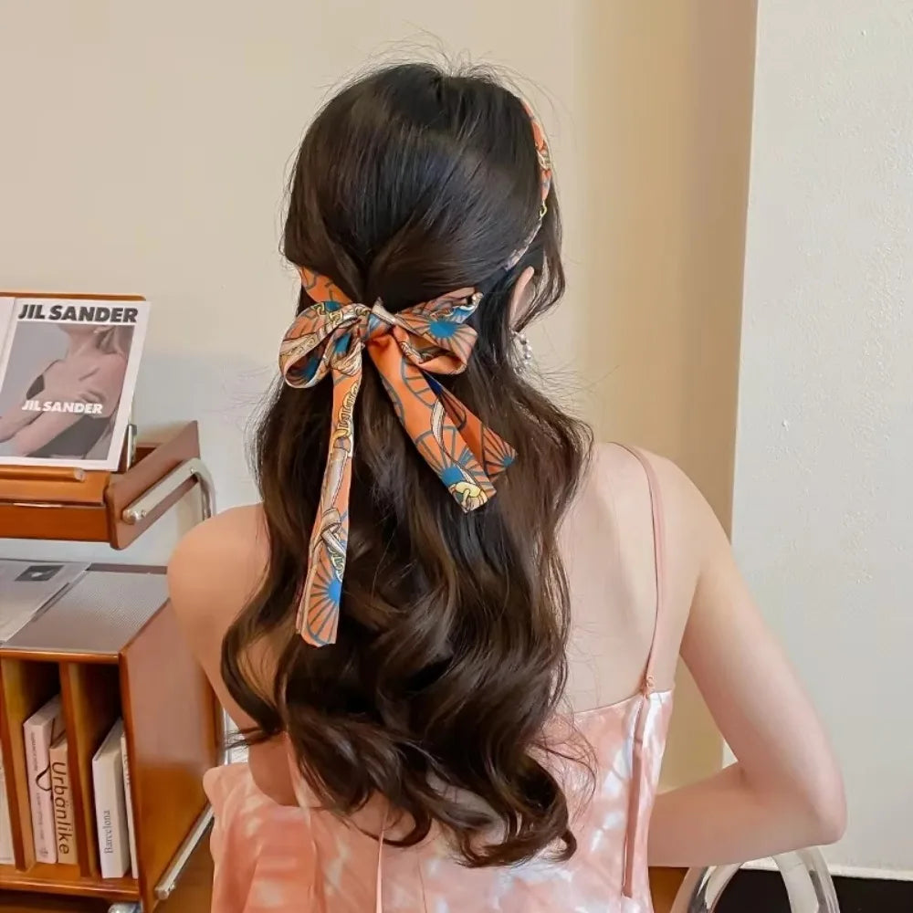 Retro Silk Scarf Headband Floral Print Pearl Braided Hairband Adjustable Bow Non Slip Ribbon Hairband for Women Girls Kid
