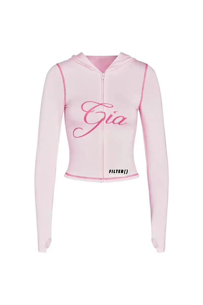 slim fit shoulder floral print bright line design slim fit hooded zipper short jacket pants for women pink top