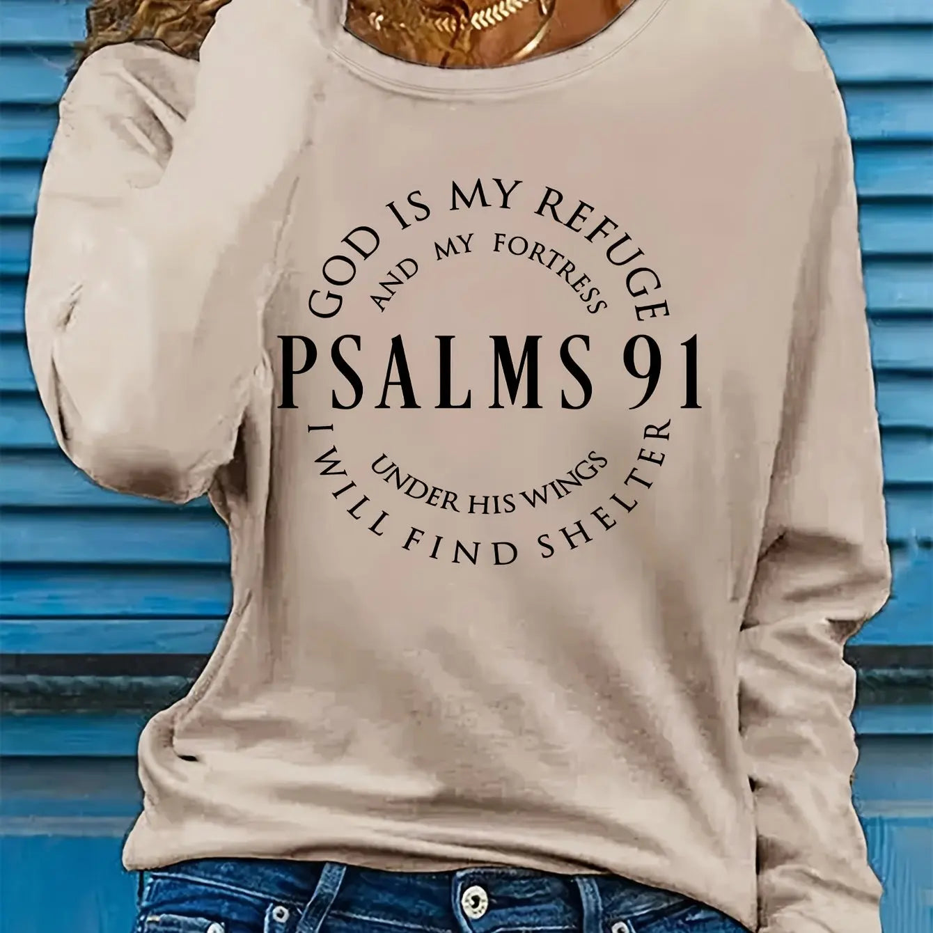 Spring and Autumn Women's 100% Cotton Fashion Casual Loose Inspirational Palms 91 Verseprint Round Neck Long Sleeve T-shirt