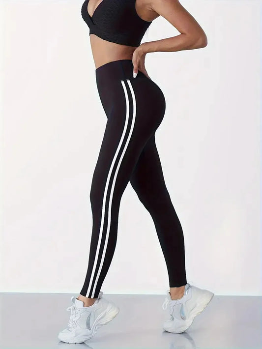 Women's High-waist Slimming Leggings Side Stripe Pattern Breathable Yoga Pants Sportswear Athletic Apparel