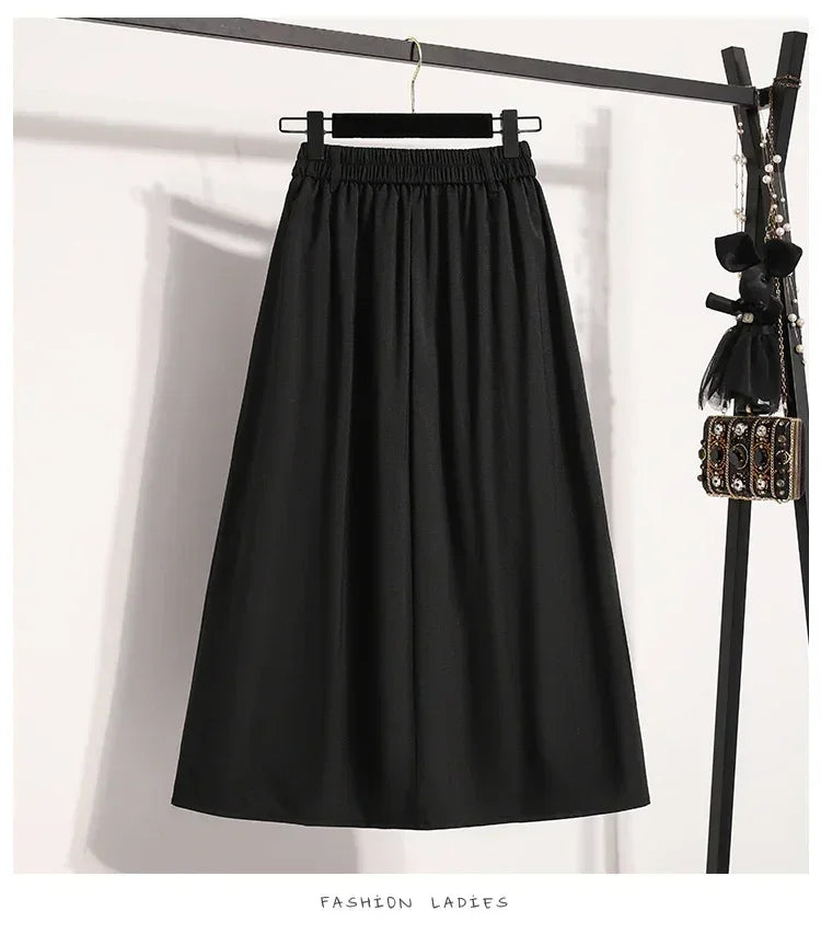 2025 Solid Color Versatile Medium Length Skirt Pleated Plus Size A-Line Maxi Gown Cover Hip Spring Summer New Half-length Skirt