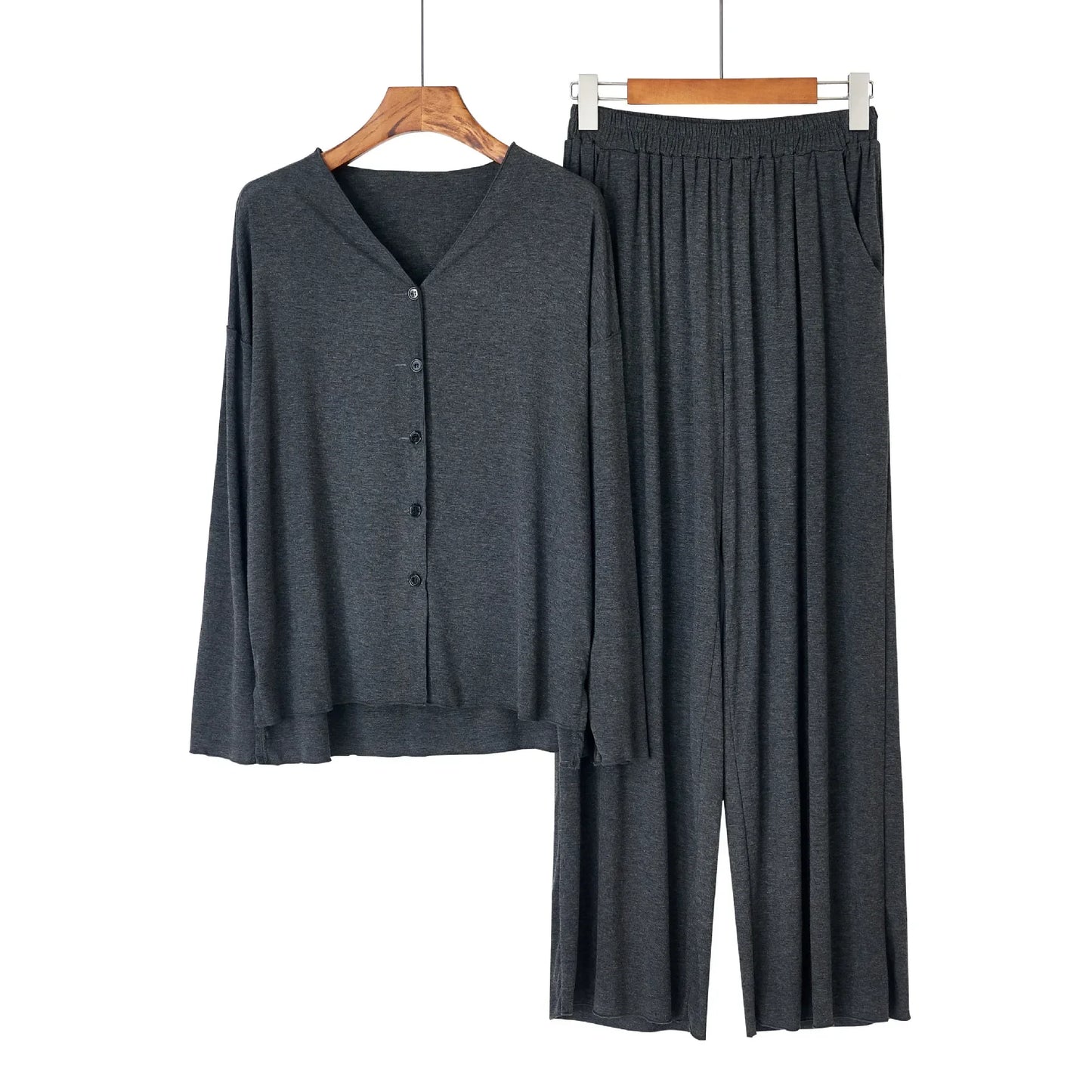 Japanese new style cotton pajamas suit ladies spring and autumn cardigan solid color long-sleeved trousers home service suit dark grey One Size