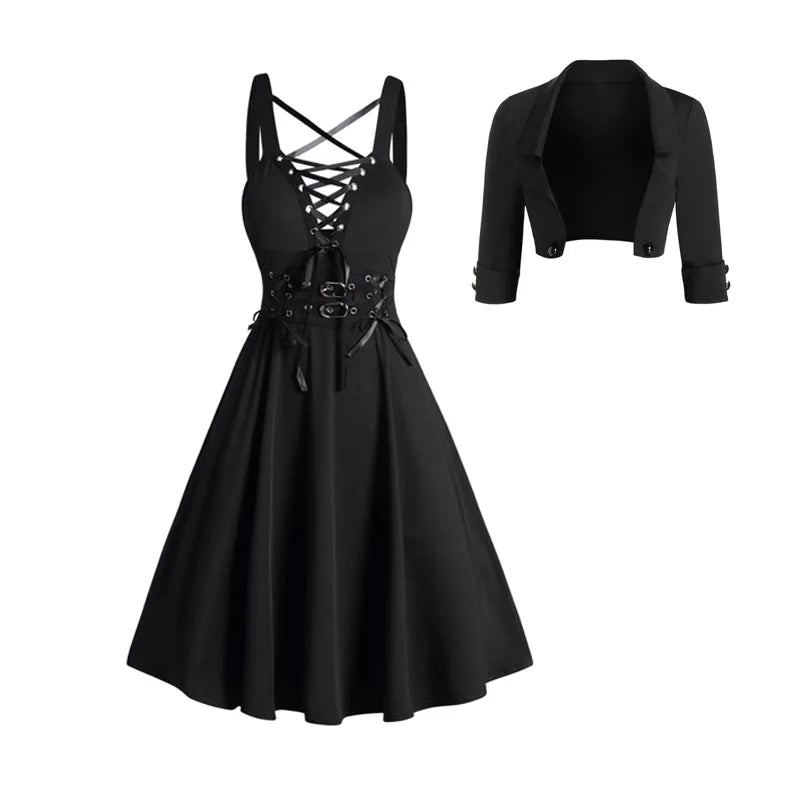 2025 Womens Gothic Dresses Sets Solid Color Open Front Crop Jacket and Lace Up Buckle Strap Crisscross Dress Outfit Black