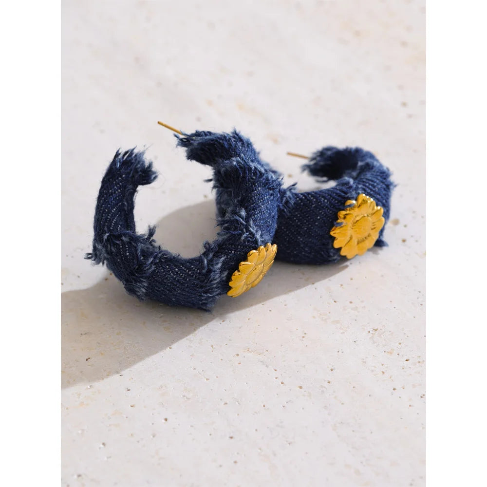 Yhpup Creative Blue Denim Flower C Shape Hoop Earrings Women Stainless Steel Popular Jewelry Autumn & Winter New 2025 Wholesale